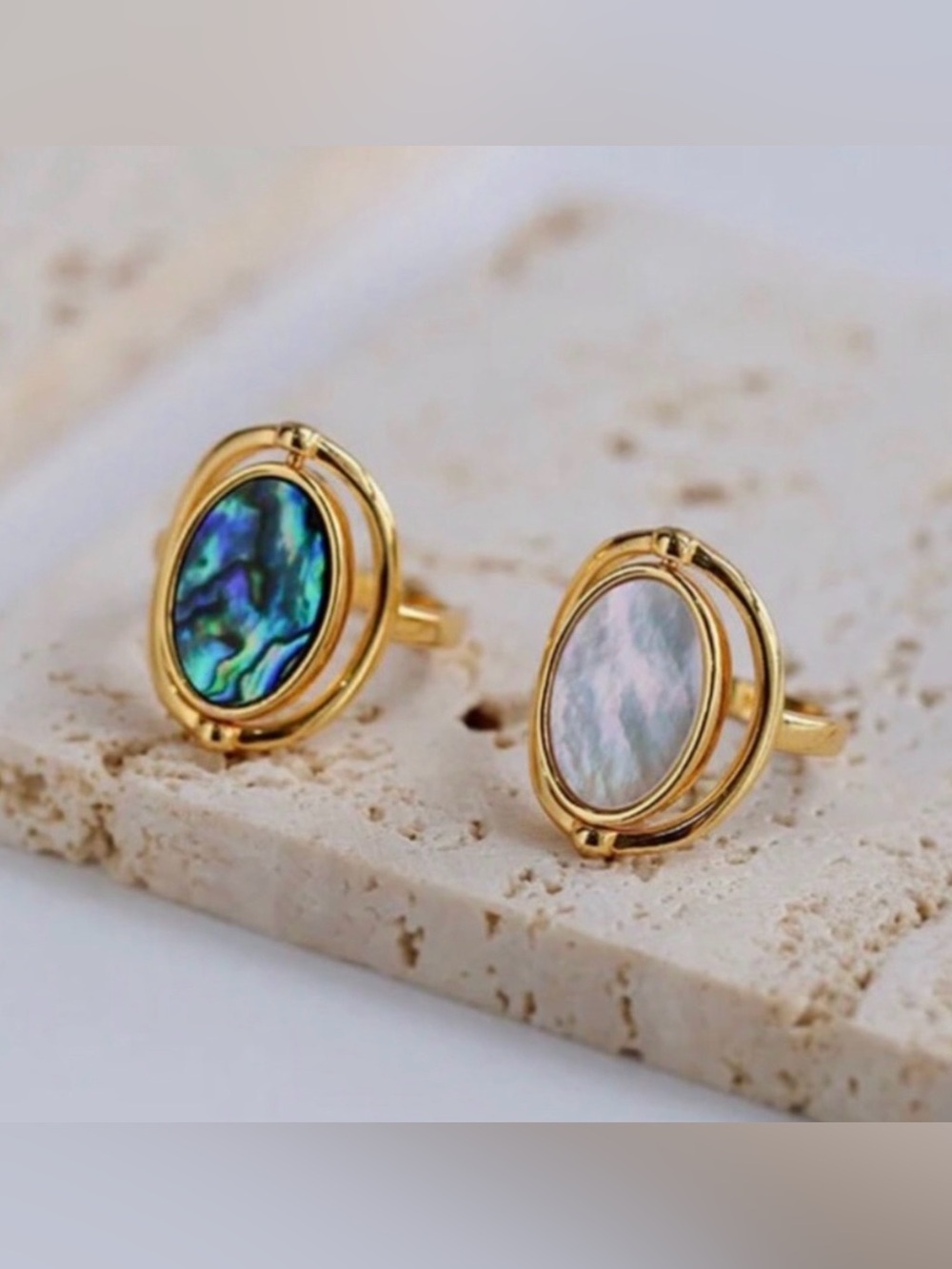 New 2 in 1 Reversible Flip Face Abalone Shell & Mother of Pearl Statement Ring